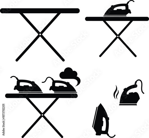 Ironing boards, silhouette style, black vector, top view, household tools, iron placement, minimal design, laundry icons, fashion, tailoring