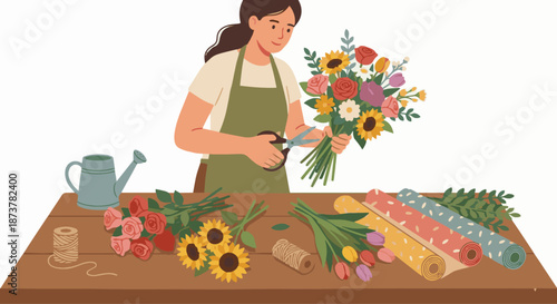 Florist Arranging Flower Bouquet

A flat vector illustration of a florist arranging a colorful flower bouquet on a worktable. Scissors, wrapping paper, and fresh flowers are visible. 