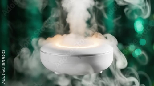 A sleek white device emits a gentle stream of vapor against a dark green background with blurred lights