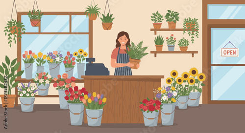 Florist in Flower Shop

A flat vector illustration of a florist standing inside a flower shop surrounded by buckets of flowers and potted plants. Shelves and window display visible. 