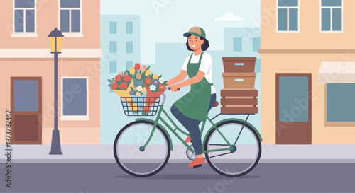 Florist Delivering Flowers
A flat vector illustration of a florist delivering flowers by bicycle or carrying flower boxes. Simple city background. Flat vector style, service-oriented scene.