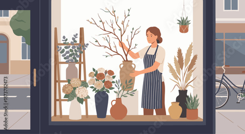 Florist Creating Floral Display
A flat vector illustration of a florist creating a window or table floral display. Decorative vases and flowers arranged neatly. 