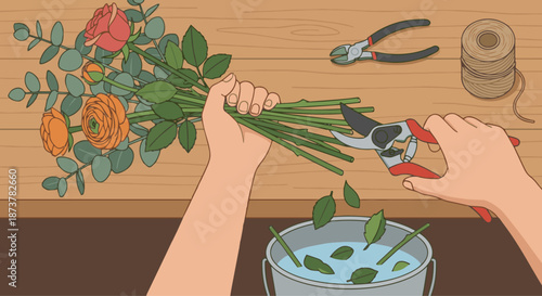 Florist Cutting Flower Stems

A flat vector illustration of a florist cutting flower stems with pruning scissors. Close-up focus on hands, flowers, and tools. Flat vector design, clean and instruction