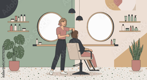 Hair Stylist in Modern Salon
A flat vector illustration of a hair stylist working in a modern salon environment. Chairs, mirrors, plants, and shelves visible. Flat vector style, stylish and minimal.