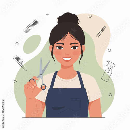 Hair Stylist with Salon Tools
A flat vector illustration of a hair stylist standing confidently holding salon tools like scissors, comb, and hair dryer. Flat vector style suitable for service branding