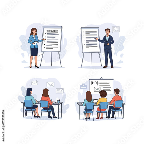HR professionals presenting policies and conducting training sessions for employees in a corporate environment.
