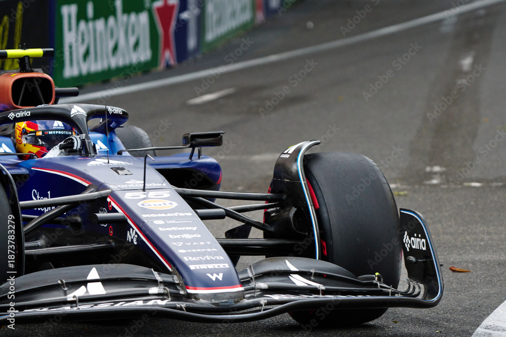 Naklejka premium BAKU, AZERBAIJAN - SEPTEMBER 20, 2025: Carlos Sainz (ESP) drives for Williams Racing during his debut season with the team. The FW47 is pictured navigating the Baku City Circuit