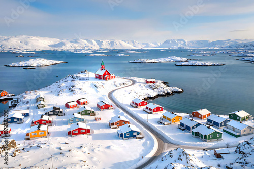 Scenic view of a coastal wooden houses in Greenland Arctic  in winter with snowy landscapes and mountains  iceberg in the background