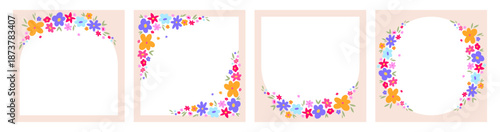 Beautiful floral compositions with doodle cute flowers. Corners and frames decorations