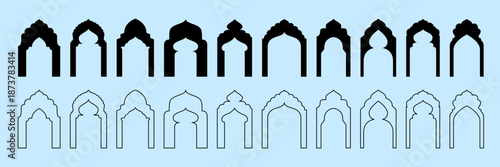 Collection of traditional Islamic gate shapes. Arabic architecture frame silhouette set