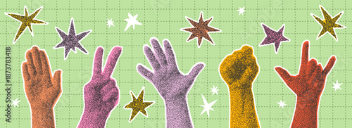 Stippled hand creative collage. Gesture signs and funky stars design template.