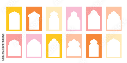 Collection of traditional Islamic gate shapes. Arabic architecture colorful frame set