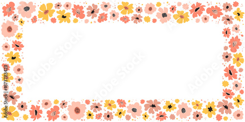 Colorful flower frame. Spring or summer floral banner template. Vector background with cute doodle botanical border