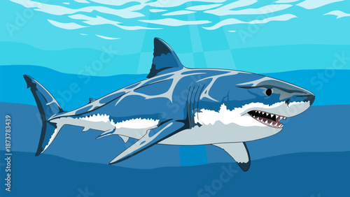 Vector illustration of a Great White Shark swimming in clear blue ocean waters, with detailed patterns on its skin
