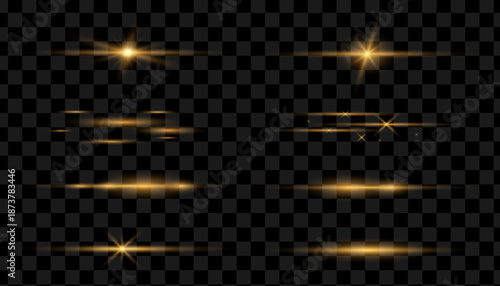 Gold Light effect collection. Glow lens flare, explosion, glitter, line flashes