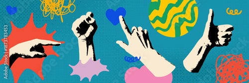 Creative collage with vintage hands and doodle elements. Retro photocopy effect for gesture signs