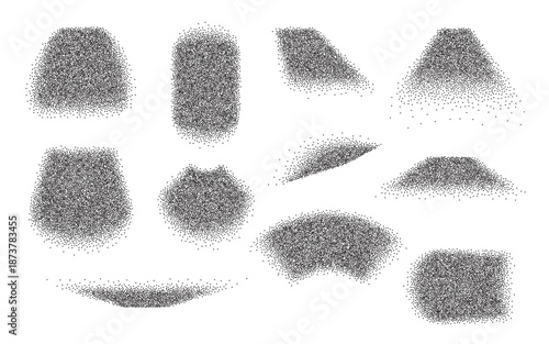 Dotted halftone shadows shapes set. Sand effect stipple dotwork collection. Dust grainy texture