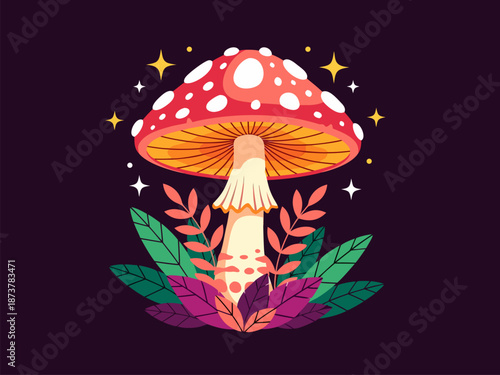 Enchanting Red Mushroom with Magical Sparkles - A Whimsical Vector Illustration