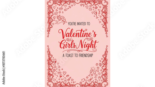 Valentine’s Girls Night Invitation Card with Decorative Heart Frame and Cupid Illustration
