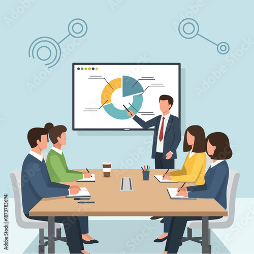 A businessman presents a data-rich pie chart on a large screen to attentive colleagues during a corporate meeting.