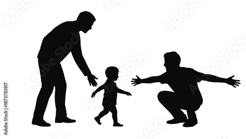 A silhouette of a child walking between two adult men.