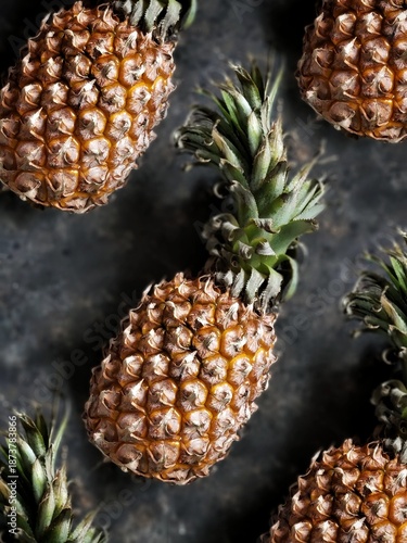 Pineapple pattern on rustic black concrete texture background. Top view on Pineapple on the table. Perfect market eco farm vertical poster cover print. 