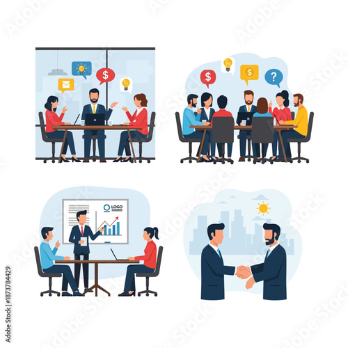 Diverse business professionals collaborating, presenting, and making deals in various meeting settings, illustrating teamwork and corporate interactions.