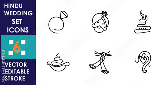 Minimal line art Hindu wedding set icons featuring traditional symbols like rings, kalash, diya, bangles, garland, and sacred rituals, editable vector design