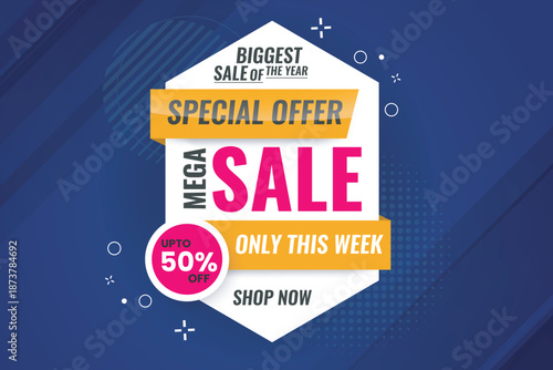 Big Mega sale banner, abstract template with dark purple color background, get 50 percent of, Biggest sale discount banner