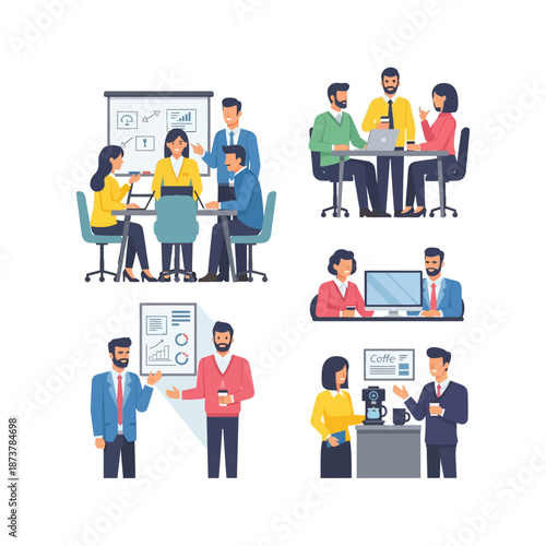 Vector illustrations depicting various business scenarios including team meetings, presentations, discussions, and coffee breaks in a modern office environment.