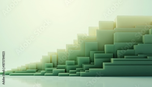 Abstract geometric staircase ascending gradient of pale green and cream blocks with subtle reflections on a clean light