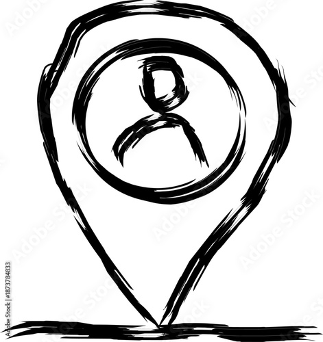 Hand drawn location pin with user profile icon inside. Minimal black sketch marker for map, GPS, navigation, contact or social media concept.