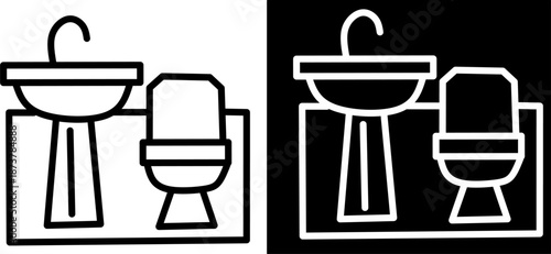Minimal black and white bathroom icon set showing sink and toilet. Modern flat outline design for restroom signage, interior or plumbing concept.