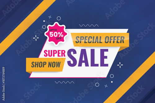 super sale banner, abstract template with dark purple and yellow color background, get 50 percent of, sale banner promotion