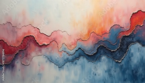 Abstract flowing textured waves with shimmering glitter details in coral blue and pink hues creating a serene and vibrant