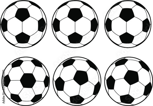 Classic Soccer Ball Set in Different Angles Black and White Football Icons Isolated Flat Vector