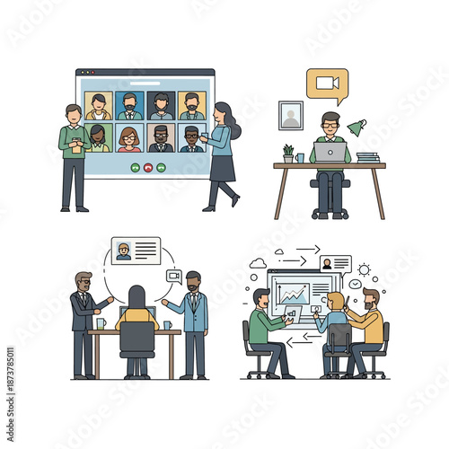 Diverse illustrations showcasing modern work environments, including large video conference calls, individual remote work, and collaborative team meetings.