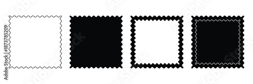 Black silhouette scalloped frames. Geometric shapes stickers with zigzag wavy edge. Postage stamp borders set. Zigzag Wavy Edge Rectangle shape.