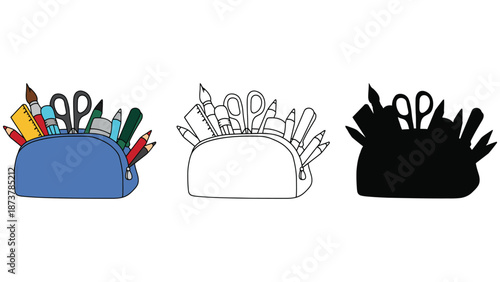 A colorful illustration of a pencil case with various stationery items