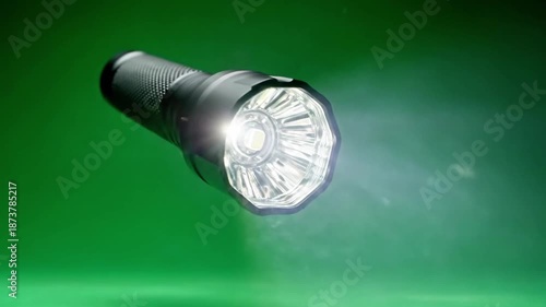 A flashlight with a black body and a round head emitting a bright beam of light and surrounded by water droplets on a green background