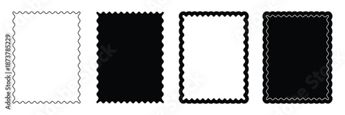 Black silhouette scalloped frames. Geometric shapes stickers with zigzag wavy edge. Postage stamp borders set. Zigzag Wavy Edge Rectangle shape. Rectangle shape frame with zigzag edge.