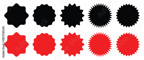 Sale sticker, price tag, starburst icon set. Set of red and black solid starburst. Price sticker, sale sticker, price tag, starburst, quality mark, retro stars, sale or discount. Vector illustration.