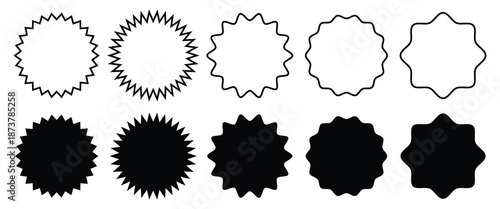 Set of black line and solid starburst. Sale sticker, price tag, starburst icon set.  Price sticker, sale sticker, price tag, starburst, quality mark, retro stars, sale or discount. Vector illustration