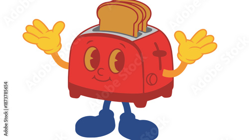 A cheerful cartoon toaster with toast and a friendly smile on its face