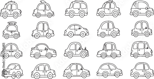 Collection of Hand Drawn Doodle Style Cars and Vehicles.