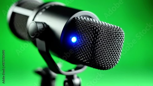A close-up of a black microphone with a blue light on a stand against a green background