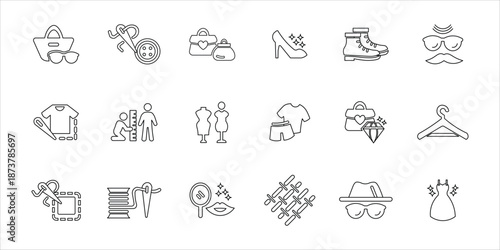 fashion icons set. fashion, accessories, tailor, style, dress, shoes, beauty and more. simple line vector illustration