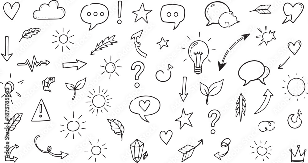 Obraz premium Hand drawn doodle elements collection with arrows stars hearts and suns.