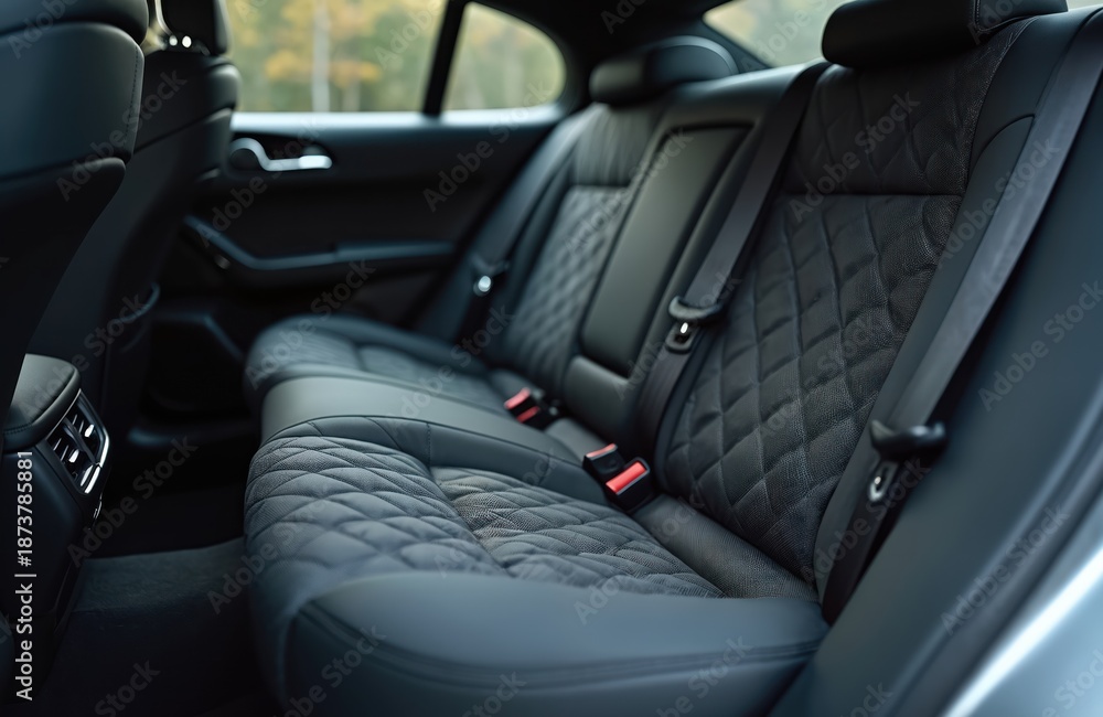 Fototapeta premium View inside a modern car showing quilted black fabric car seats and seatbelts. Luxurious automotive interior with attention to detail and clean style.