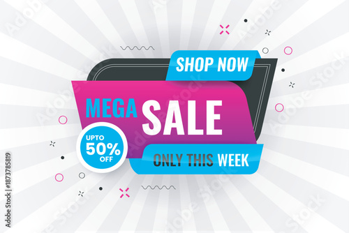 mega sale on abstract white geometric background with, get 50 percent of, super sale advertisement. colourful sales web or social media modern sale post.